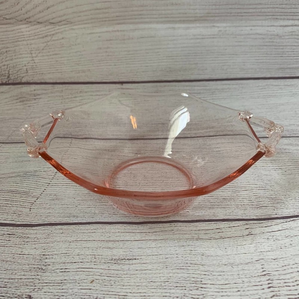 Lancaster Light Blush Pink Octagon Glass Bowl or Serving Dish Ornate Handles
